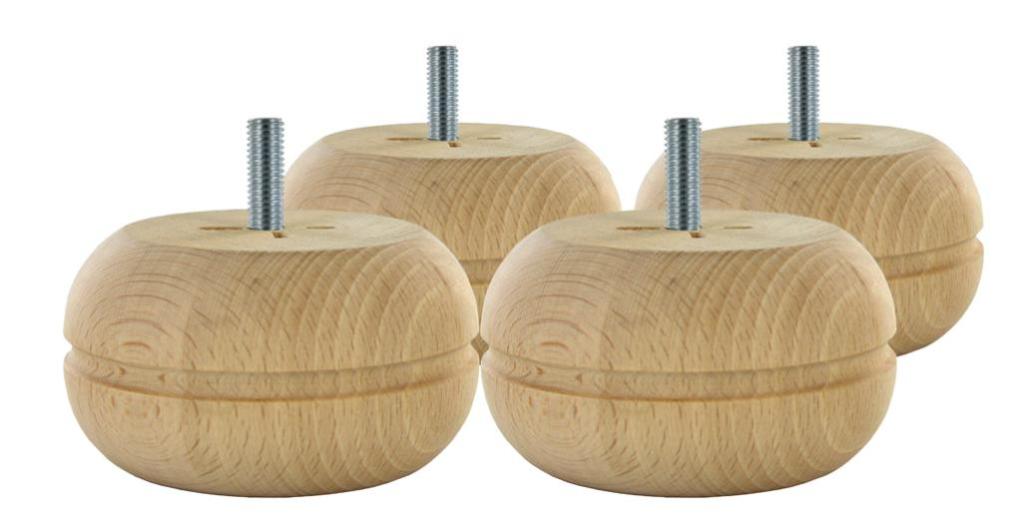 Lot de 4 pieds de meuble boule fixes hêtre brut blanc beige