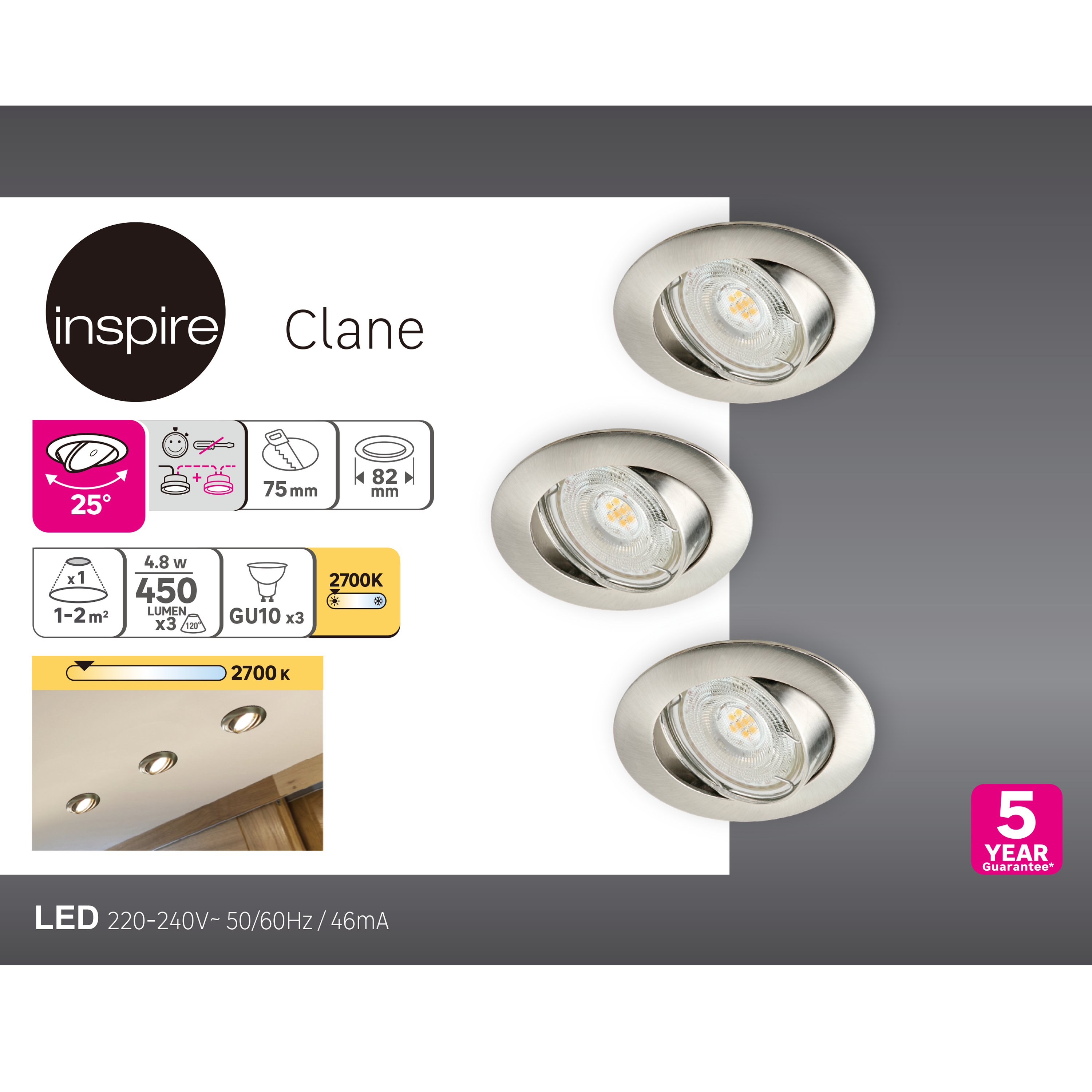 Set Da 3 Pezzi Faretto Da Incasso LED Clane Tondo Acciaio Orientabile