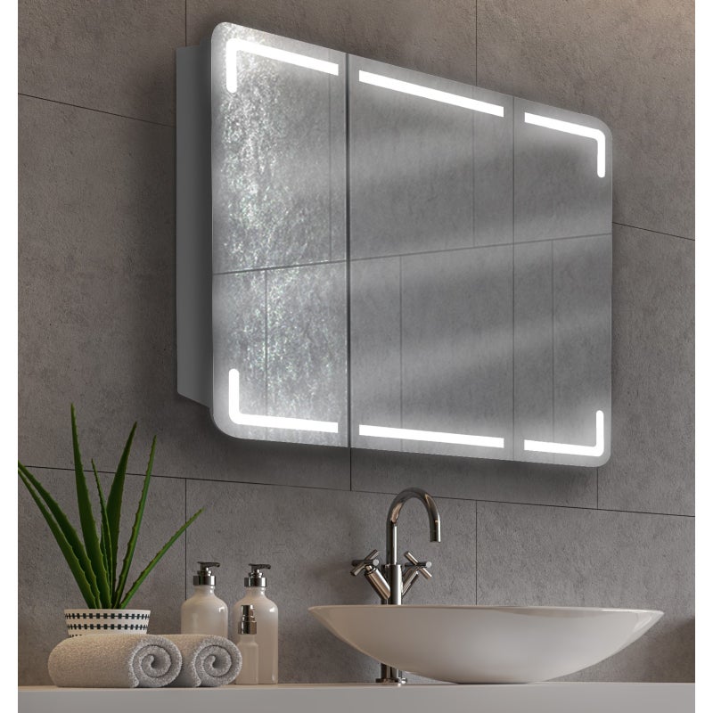 Armoire De Toilette 100x75x17cm 3 Portes Led Lumineuse Blanche