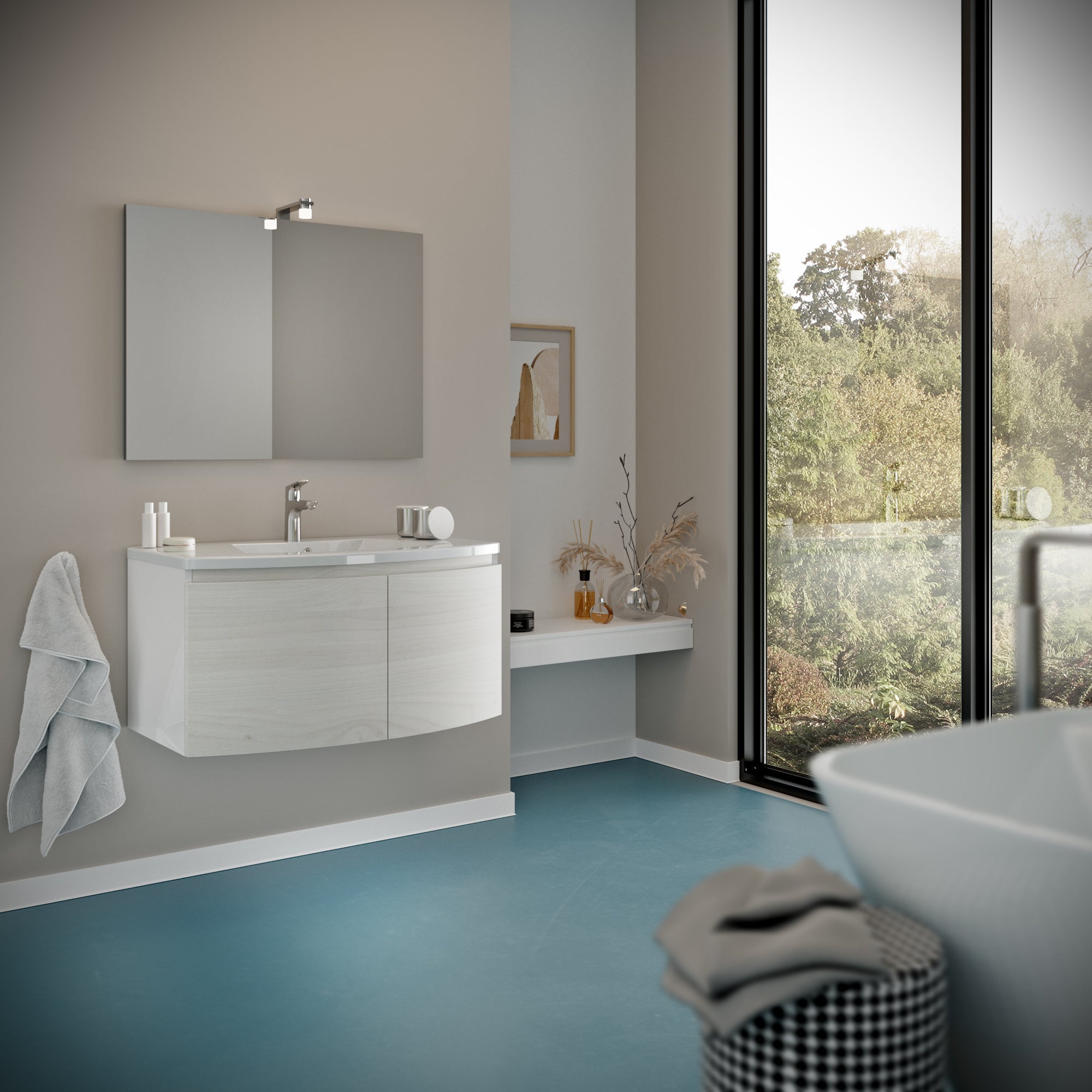 Mobile Bagno Curvo Sospeso Cm Bianco Con Ante Rovere Artico Garda