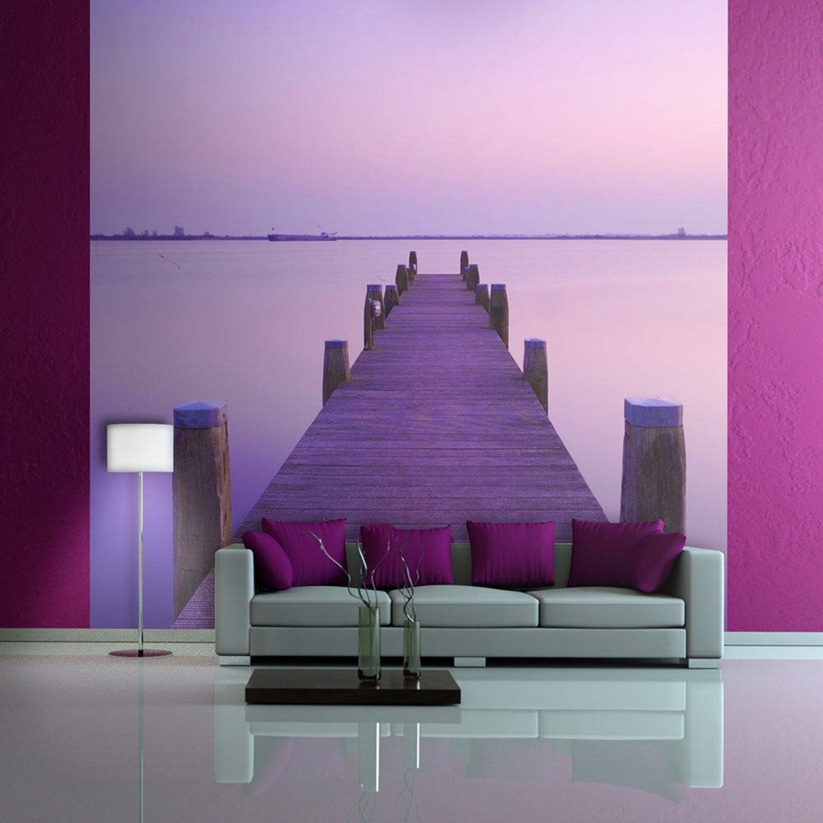 Papier Peint Coucher De Soleil Violet Ponton Sur Le Lac 350 X 270 Cm