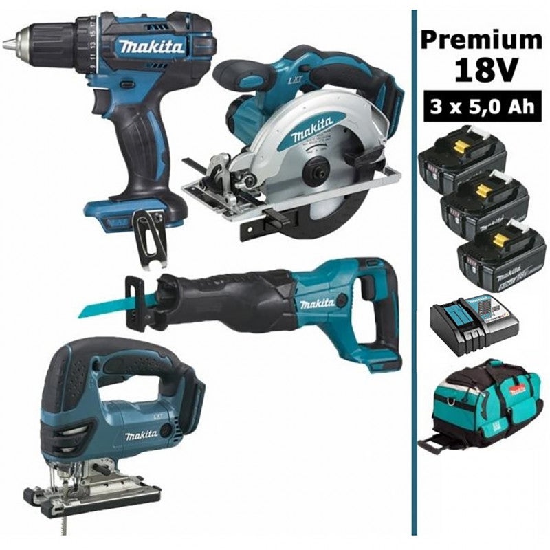 Pack Makita Premium 4 machines 18V 5Ah Perceuse DDF482 Scie récipro