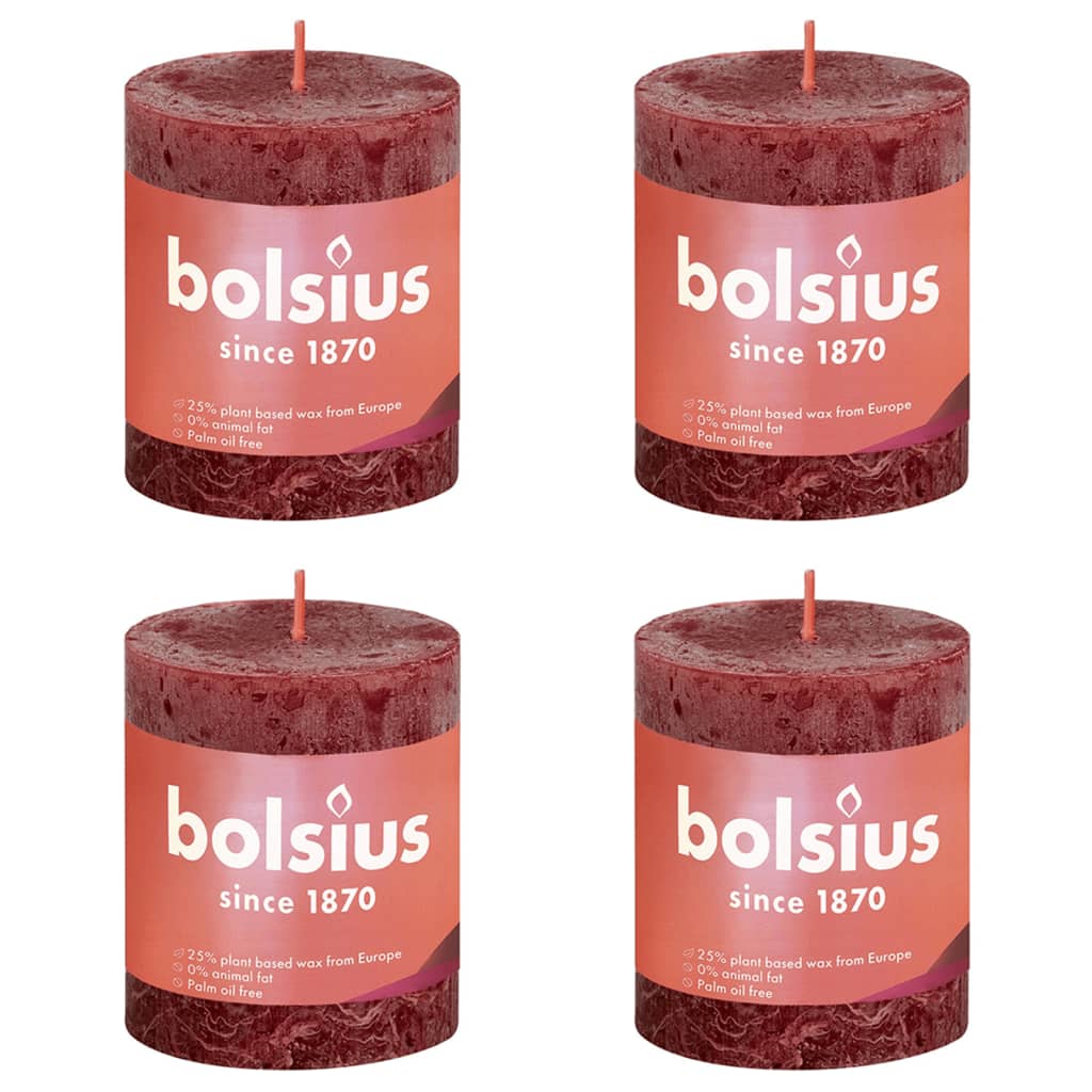 Bougies Pilier Rustiques Shine 4 Pcs 80x68 Mm Rouge Velours Bolsius