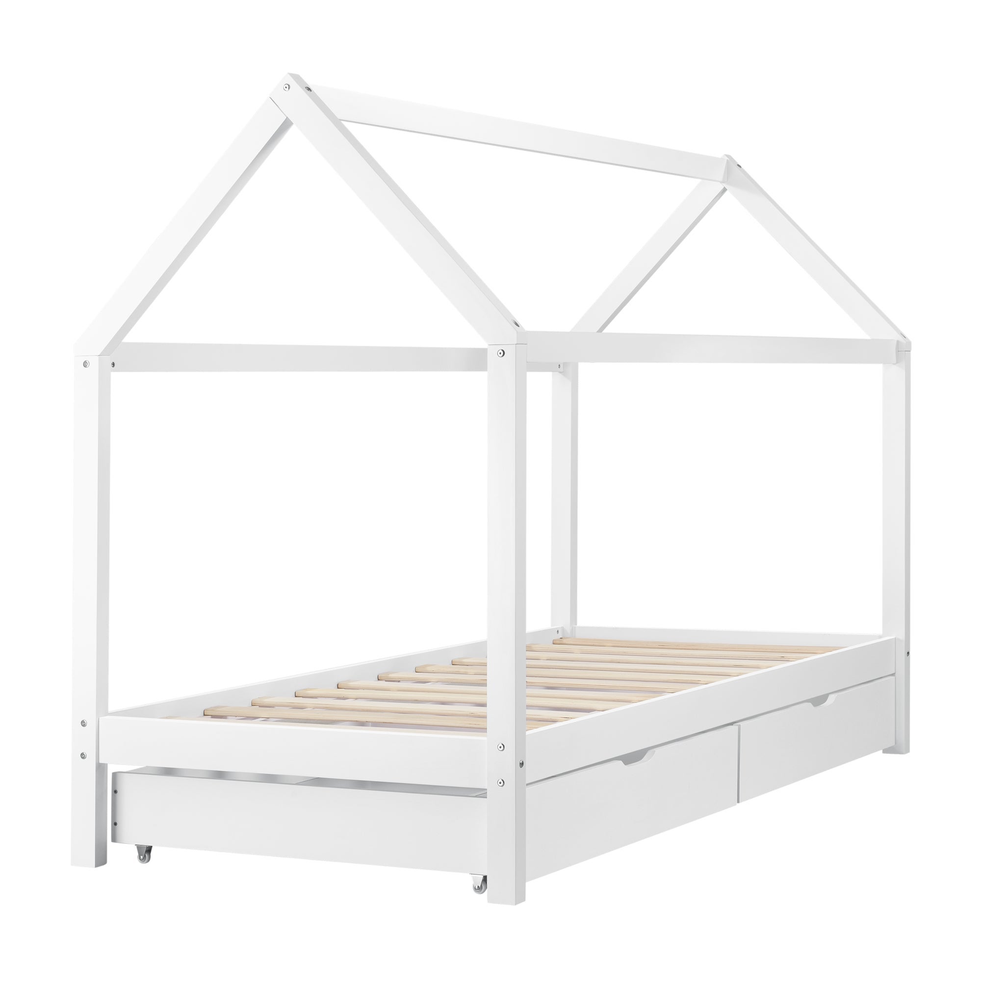 Lit Pour Enfant Forme Maison Cabane En Bois Blanc Avec 2 Tiroirs 90 X