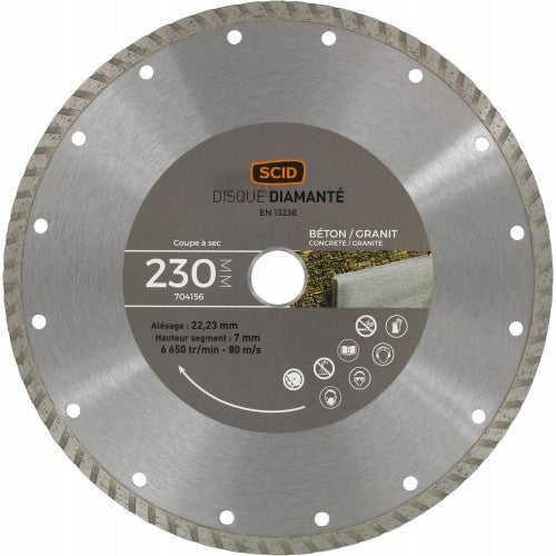 Disque diamanté 230 mm segment 7mm béton granit matériaux SCID