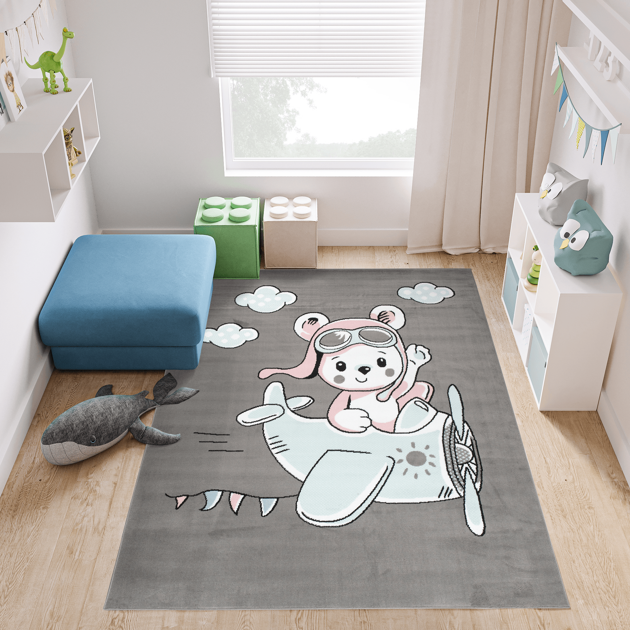 TAPISO Baby Tapis de Chambre Enfant Bébé Jeu Gris Bleu Clair Rose Blanc