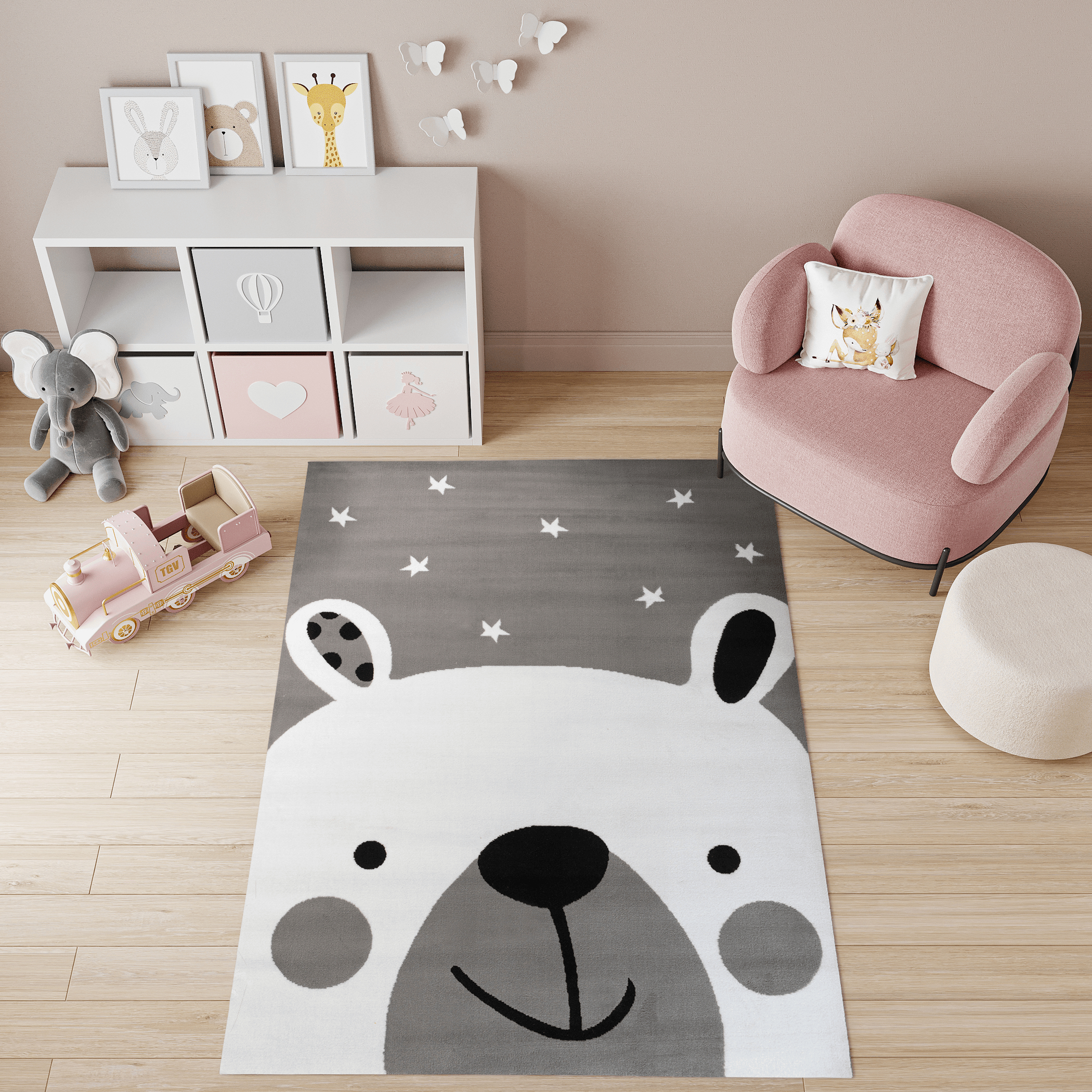 TAPISO Pinky Tapis de Chambre Enfant Bébé Moderne Gris Blanc Noir Ours