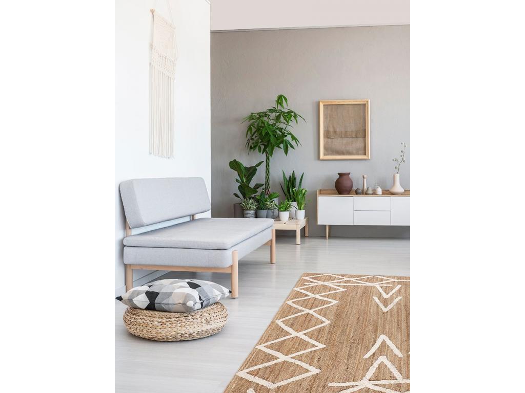 Tapis En Jute Et Coton Tiss Main X Cm Naturel Et Blanc