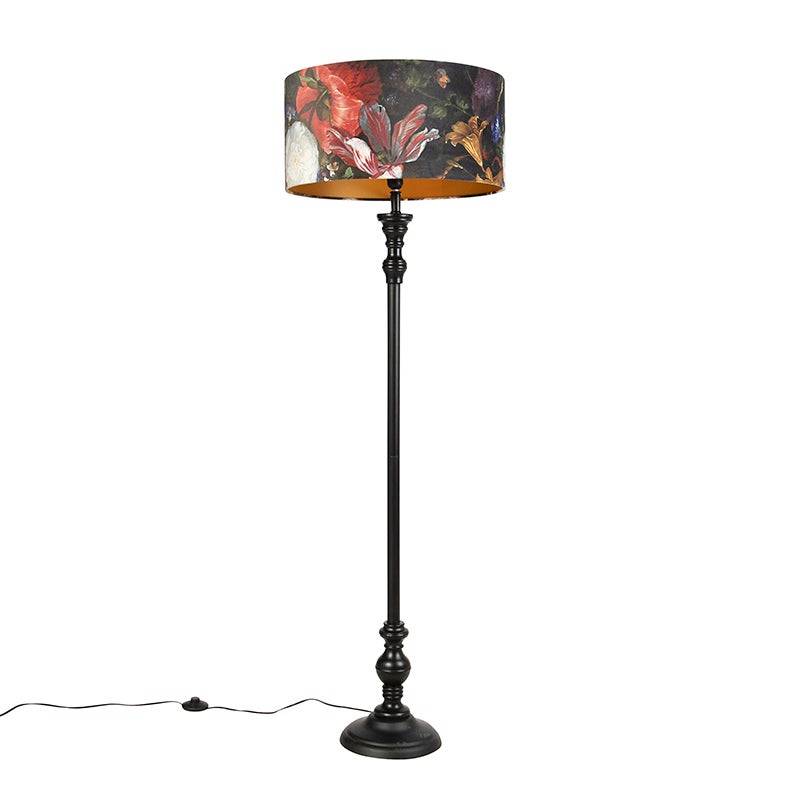 Lampada Da Terra Nera Paralume Velluto Fiori Oro 50 Cm CLASSICO