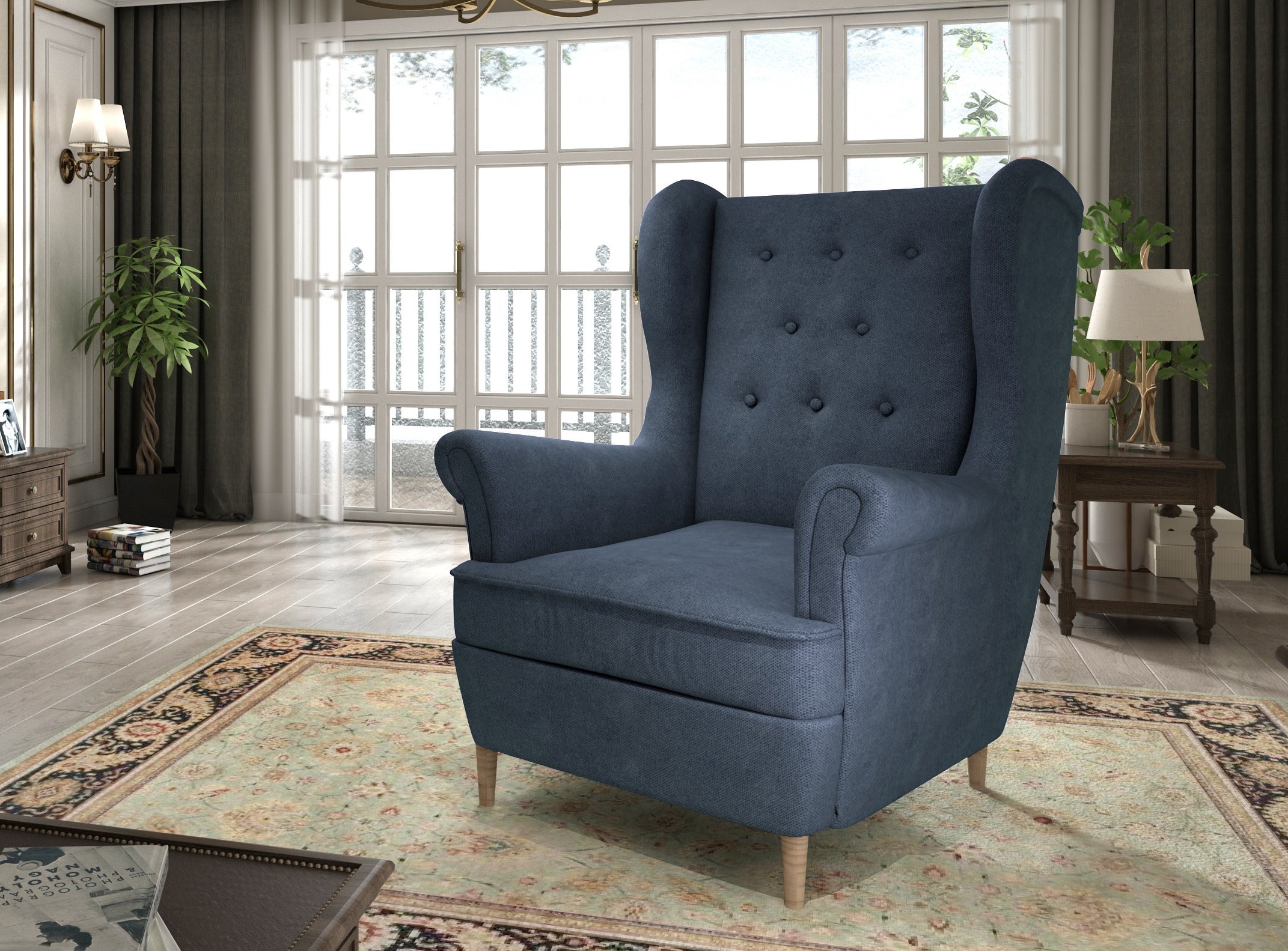 Fauteuil Tissu Bleu Capitonn Lizzi Cm Leroy Merlin