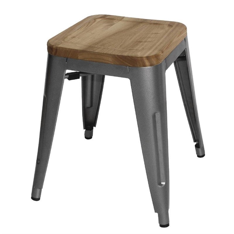 Tabourets Bistro Bas en Acier Gris Métal avec Assise en Bois Lot de 4