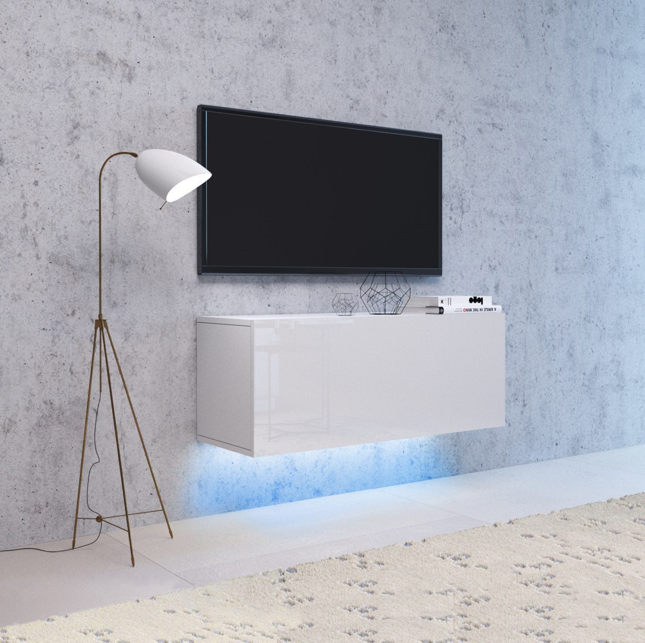 Meuble Tv Suspendu Vivo Cm Blanc Blanc Brillant Avec Led