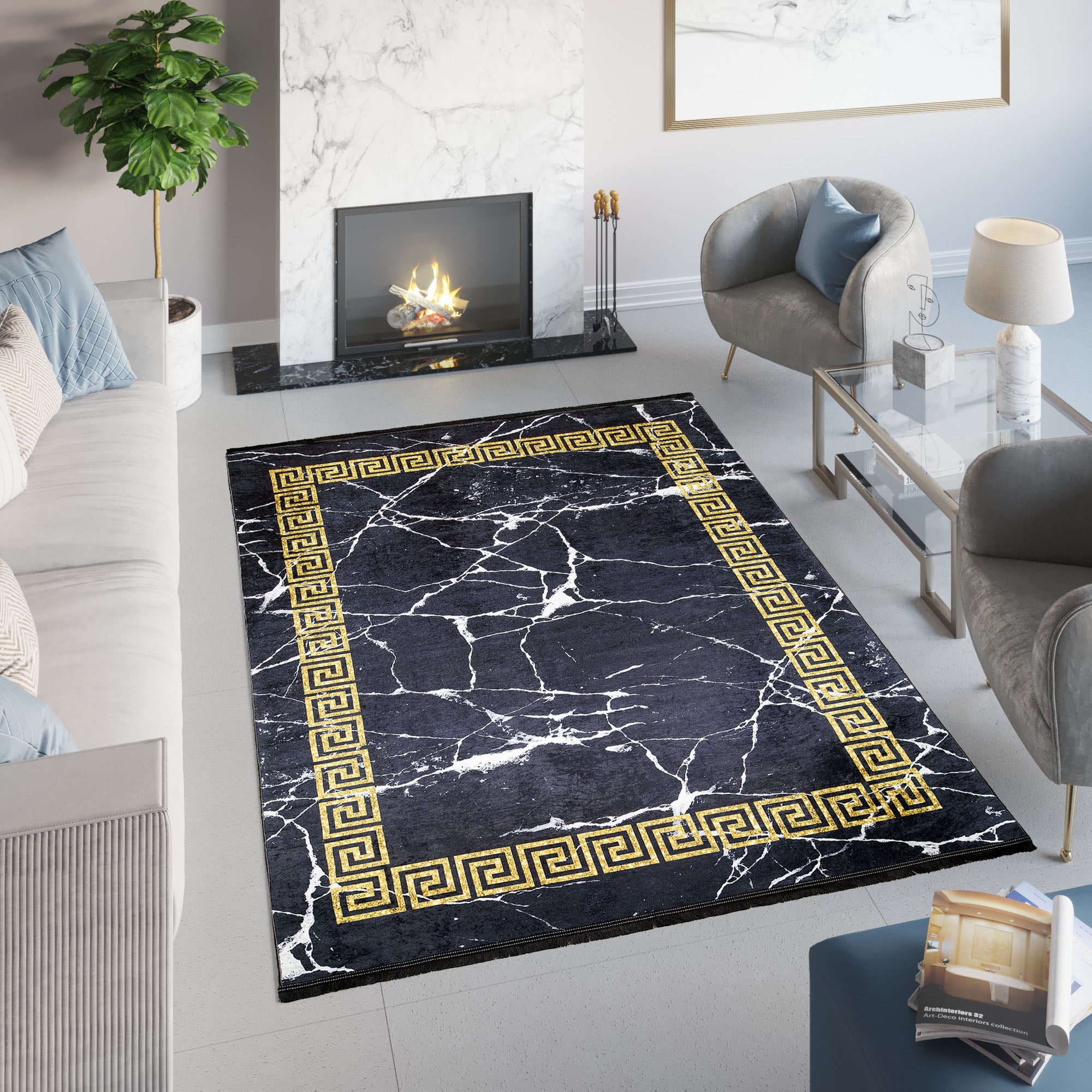 Tapiso Toscana Tapis De Salon Moderne Noir Or Gris Cadre Bordure