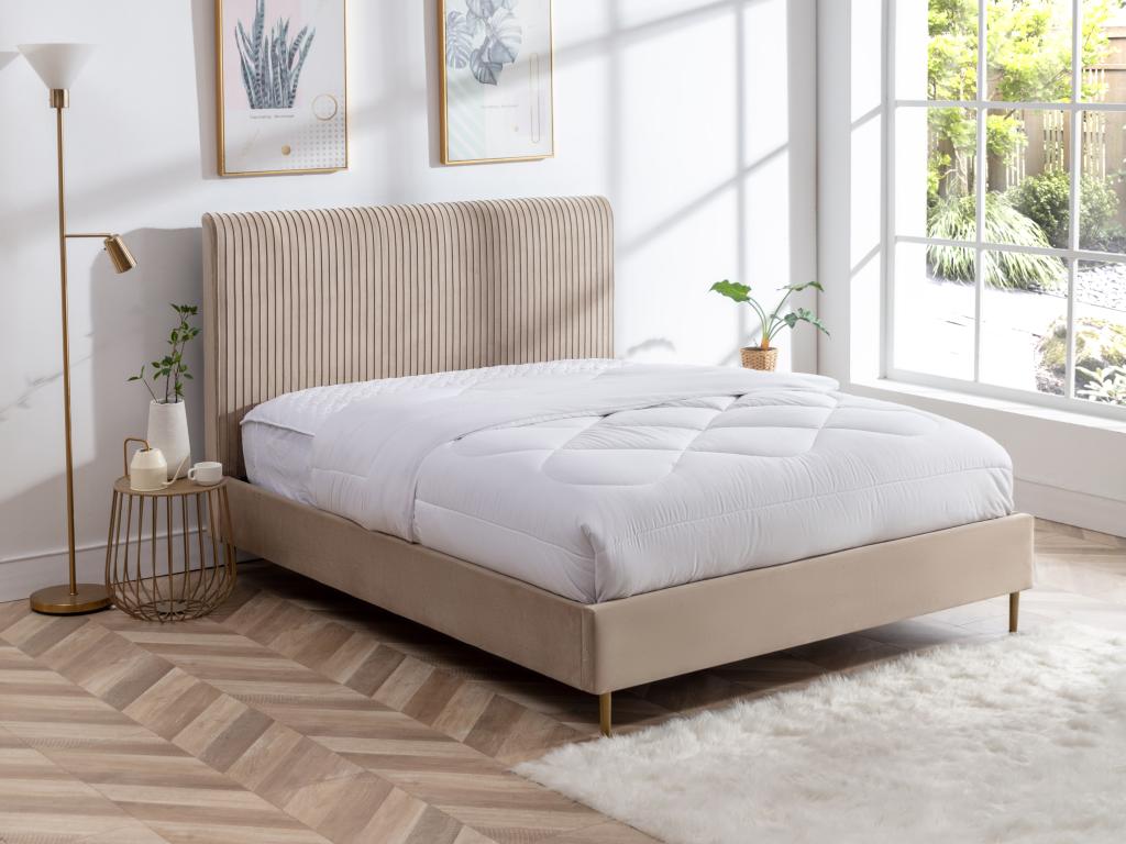 Lit X Cm Avec T Te De Lit Coutures Verticales Velours Beige