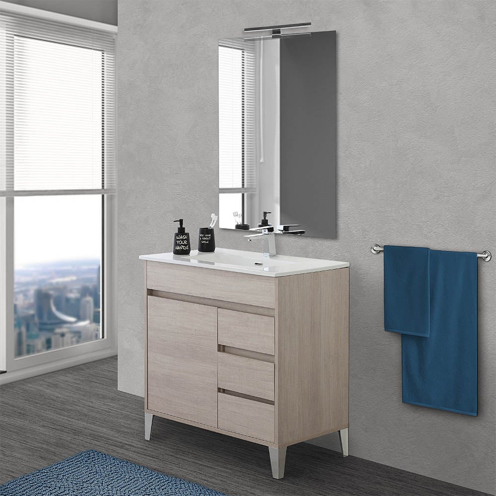 Mobile Bagno Da Terra Cm Linea Way Rovere Chiaro Con Specchio E