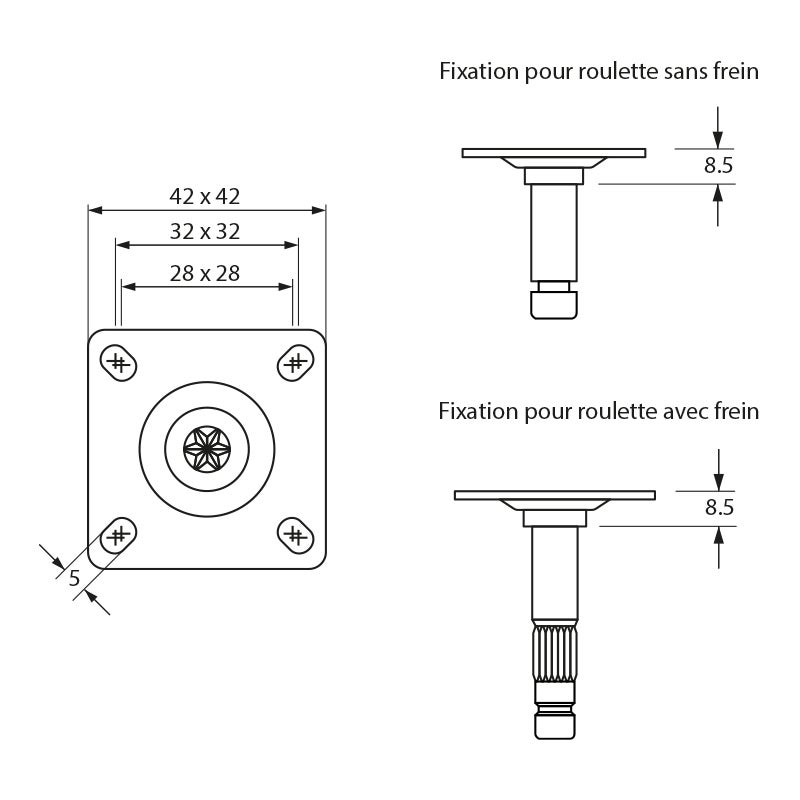 Fixations pour roulettes Ø75 Pour roulette Sans frein Pour