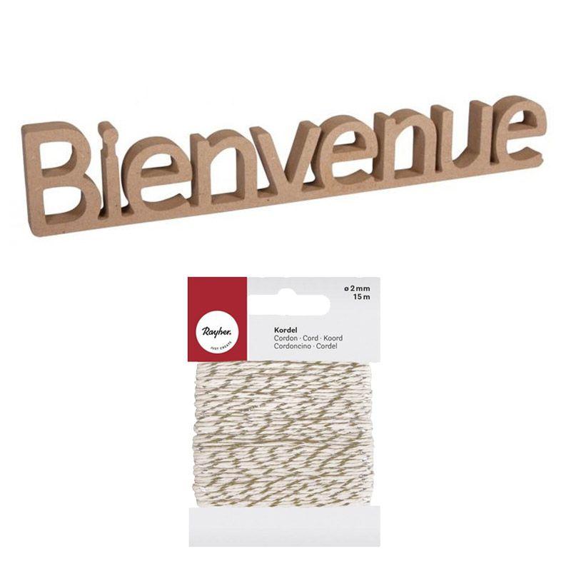 Mot en bois MDF 27 cm Bienvenue Ficelle dorée blanche 15 m Rayher