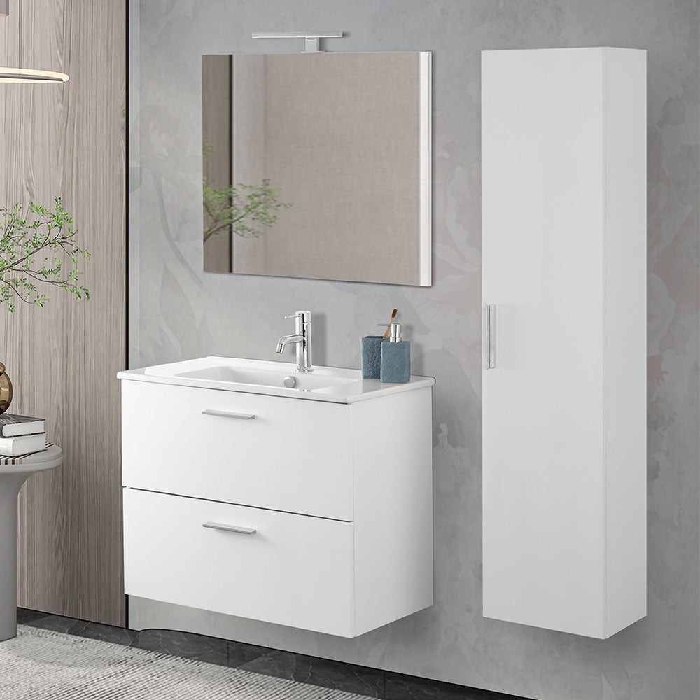 Mobile Bagno Sospeso 80 Bianco Lucido Con Pensile 145 Lavabo E Specchio