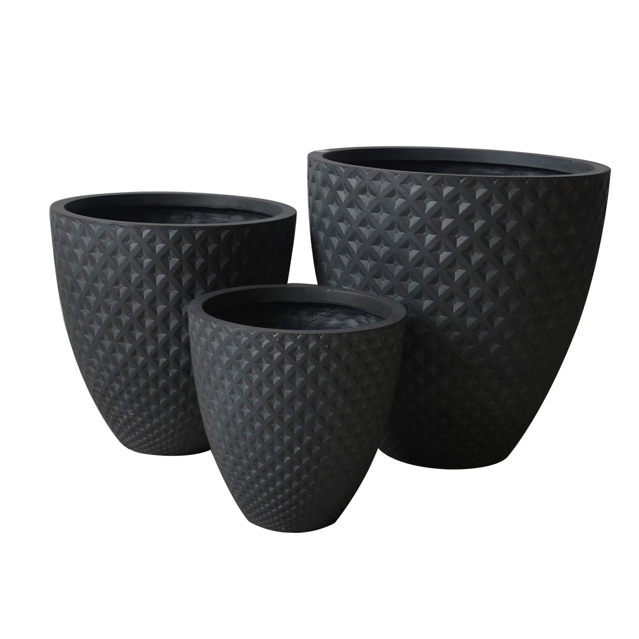 Vases rondes Low Outdoor Fibre Garden décoré noir Opaque Set 3 pièces