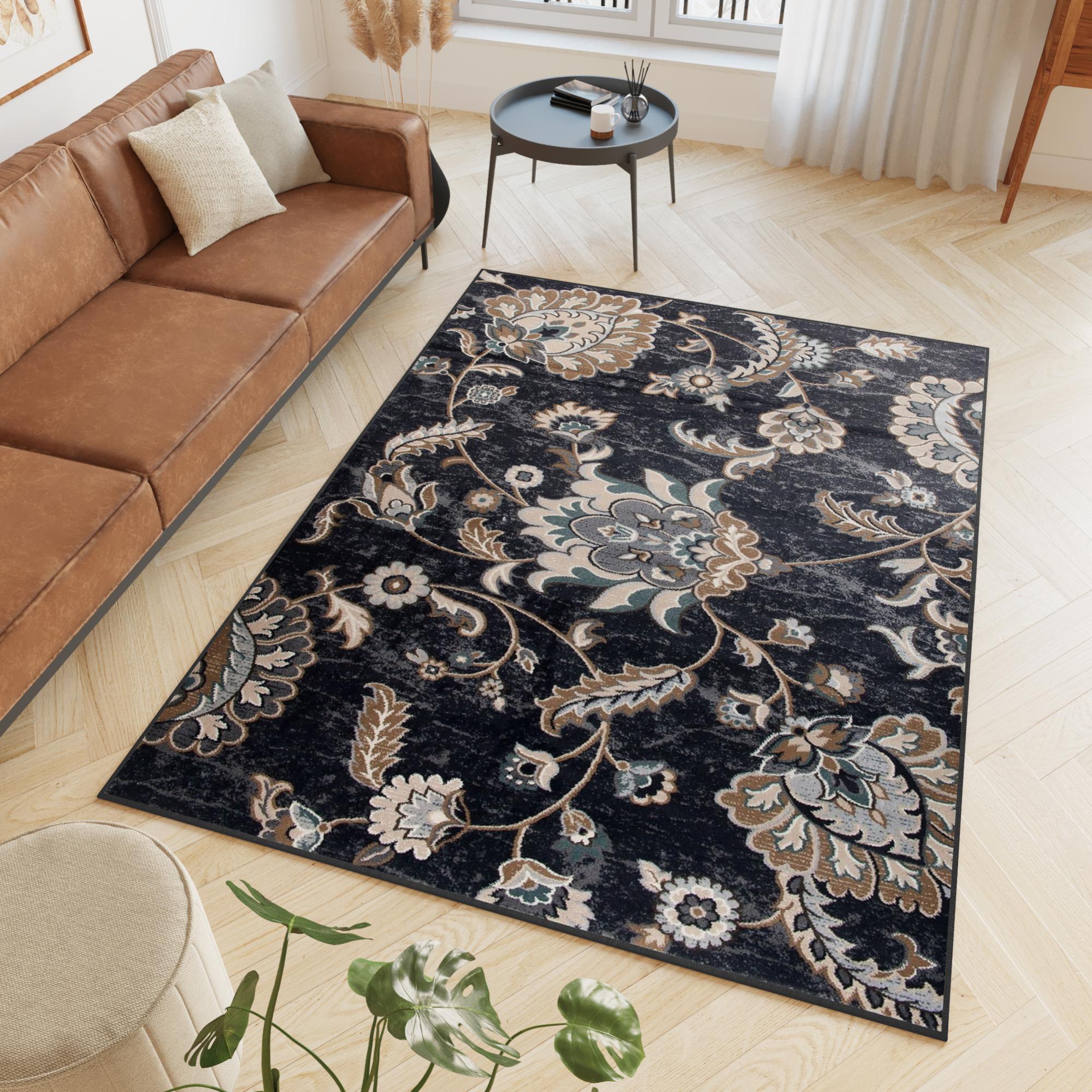 Tapiso Dubai Tapis Salon Poil Court Traditionnel Graphite Bleu Beige