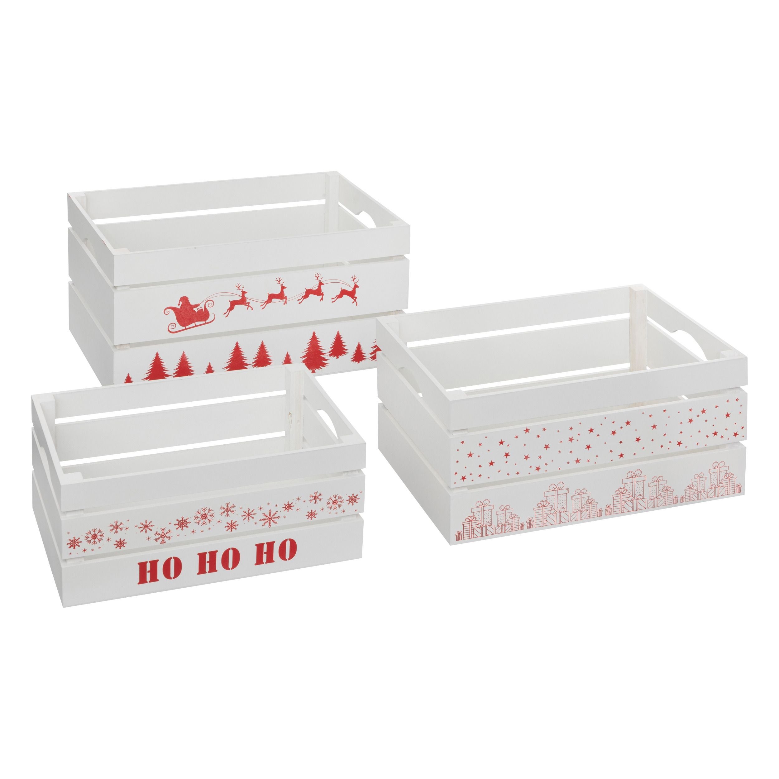 Lot de 3 cagettes de Noël en bois L 40 x P 25 x H 20 cm Blanc