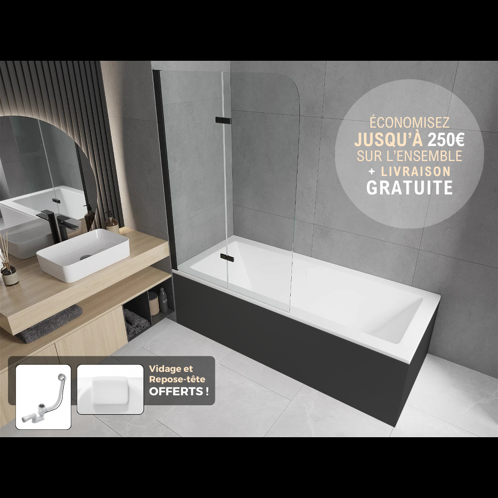 Baignoire Blanc 140x70 MODERN Avec Pare Baignoire Pivotant Noir 90 Cm