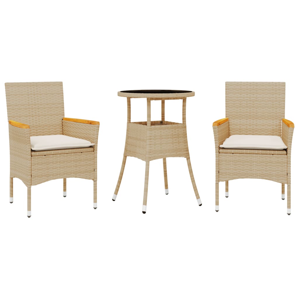 VidaXL Set comedor jardín 3 pzas cojines ratán sintético vidrio beige