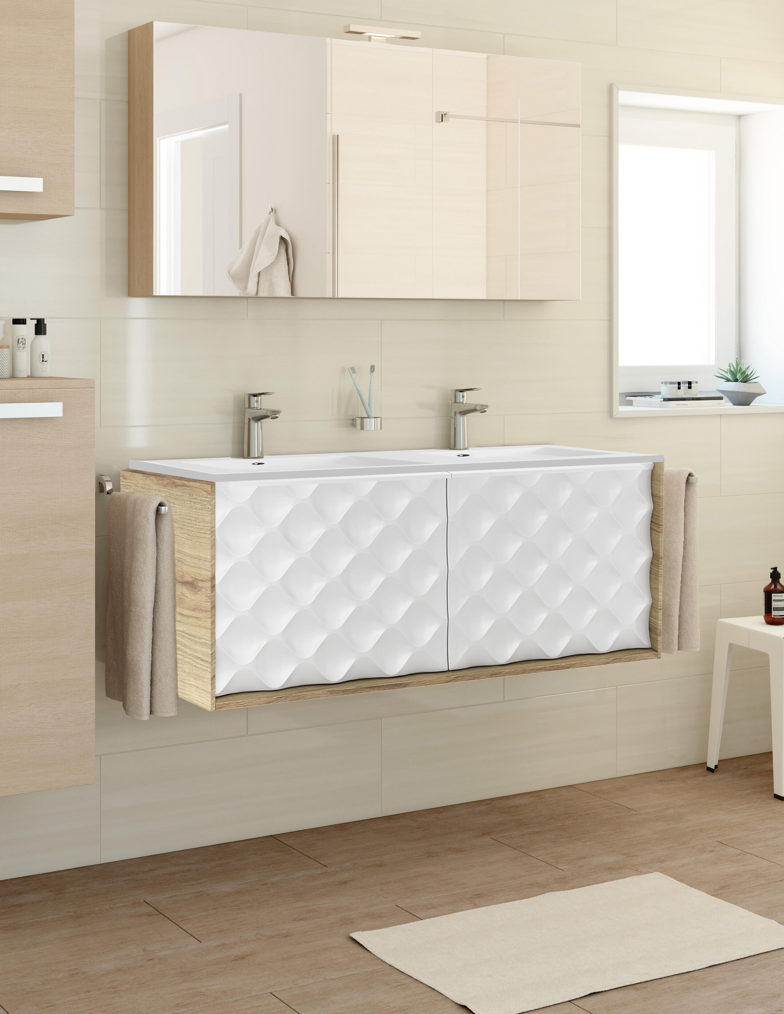 Mobile Sottolavabo E Lavabo Neo Rovere Miele Bianco L X H X P