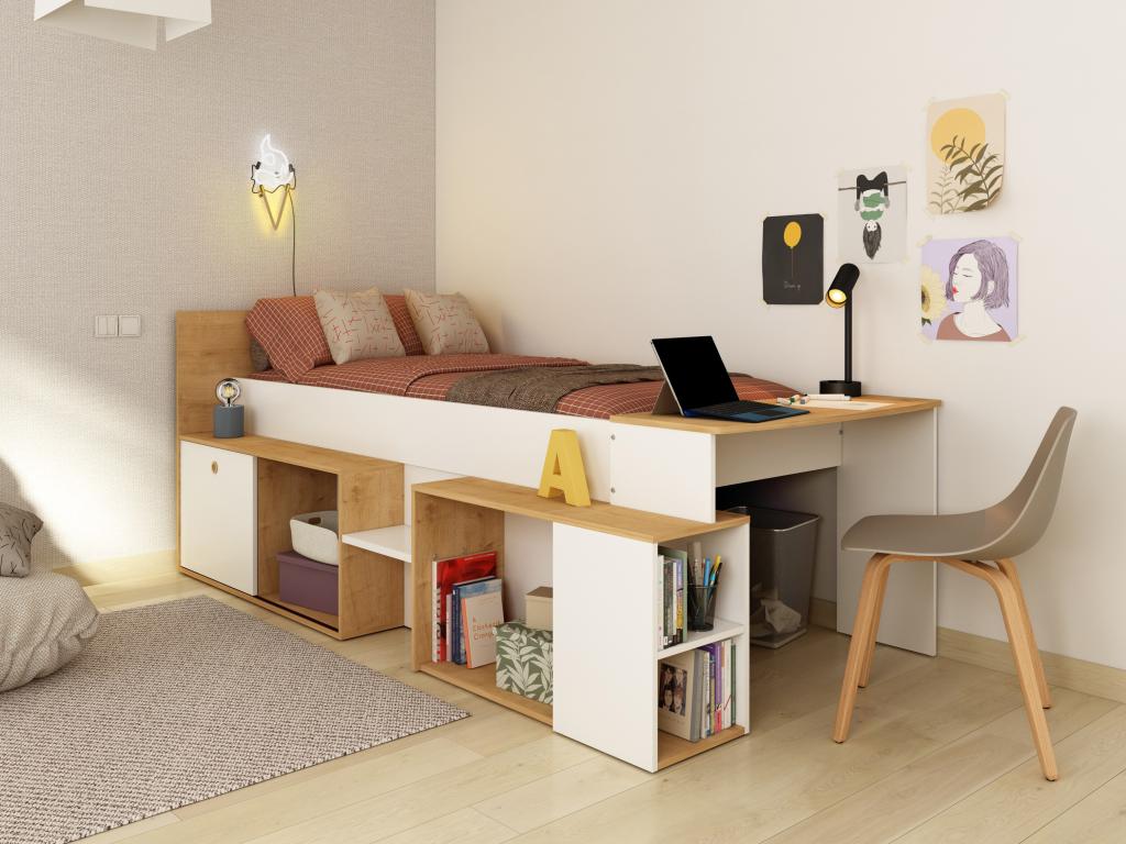 Lit Combin X Cm Avec Bureau Et Rangements Blanc Et Naturel