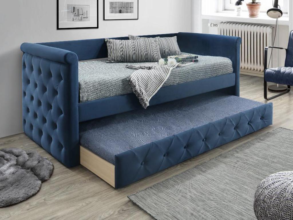 Lit Banquette Gigogne Capitonn Louise X X Cm Tissu Bleu