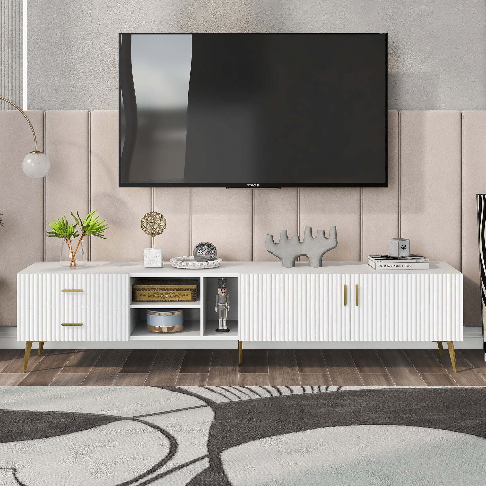 Meuble TV Bas Blanc Avec 2 Tiroir Et Rangements Ouverts Blanc Leroy