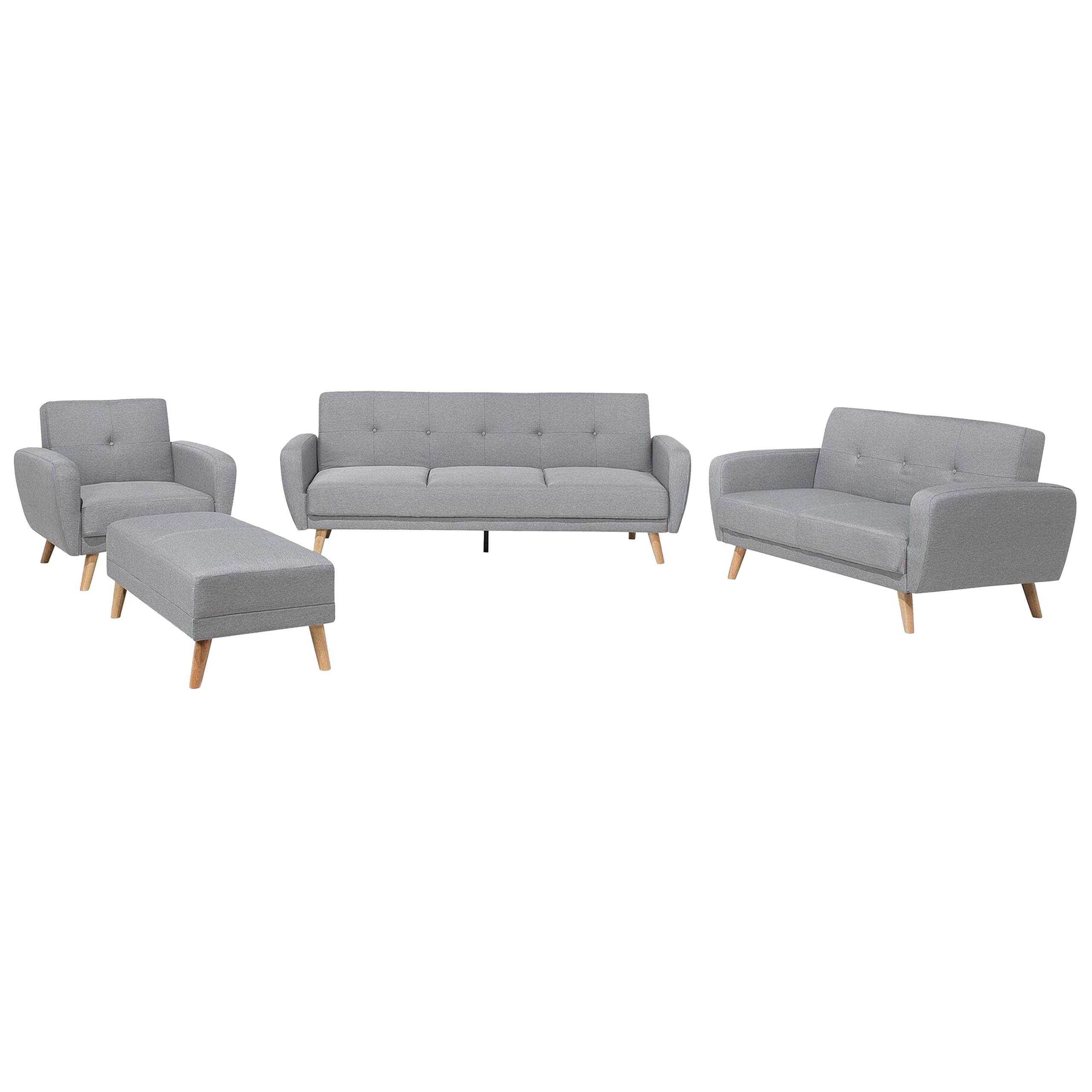 Ensemble canapés et fauteuil en tissu gris clair 6 places avec pouf