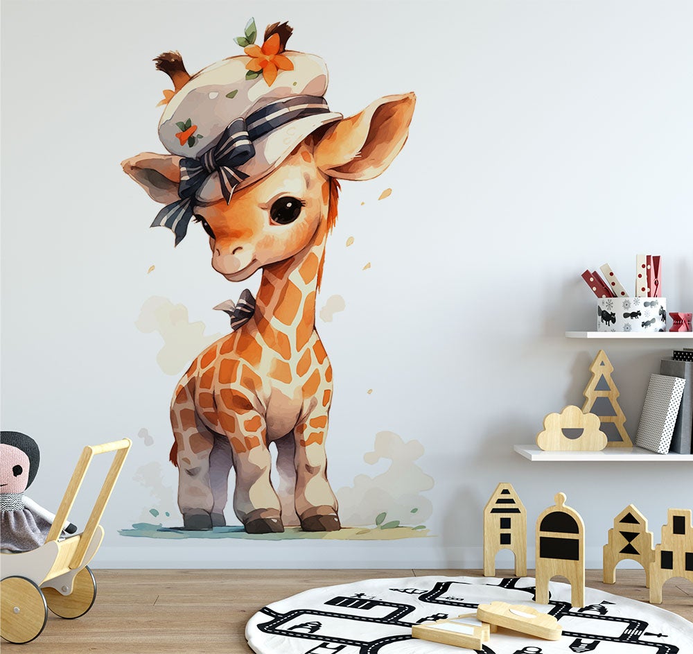 Papier Peint Enfant Panoramique Girafe Jungle Avec Son Petit Chapeau