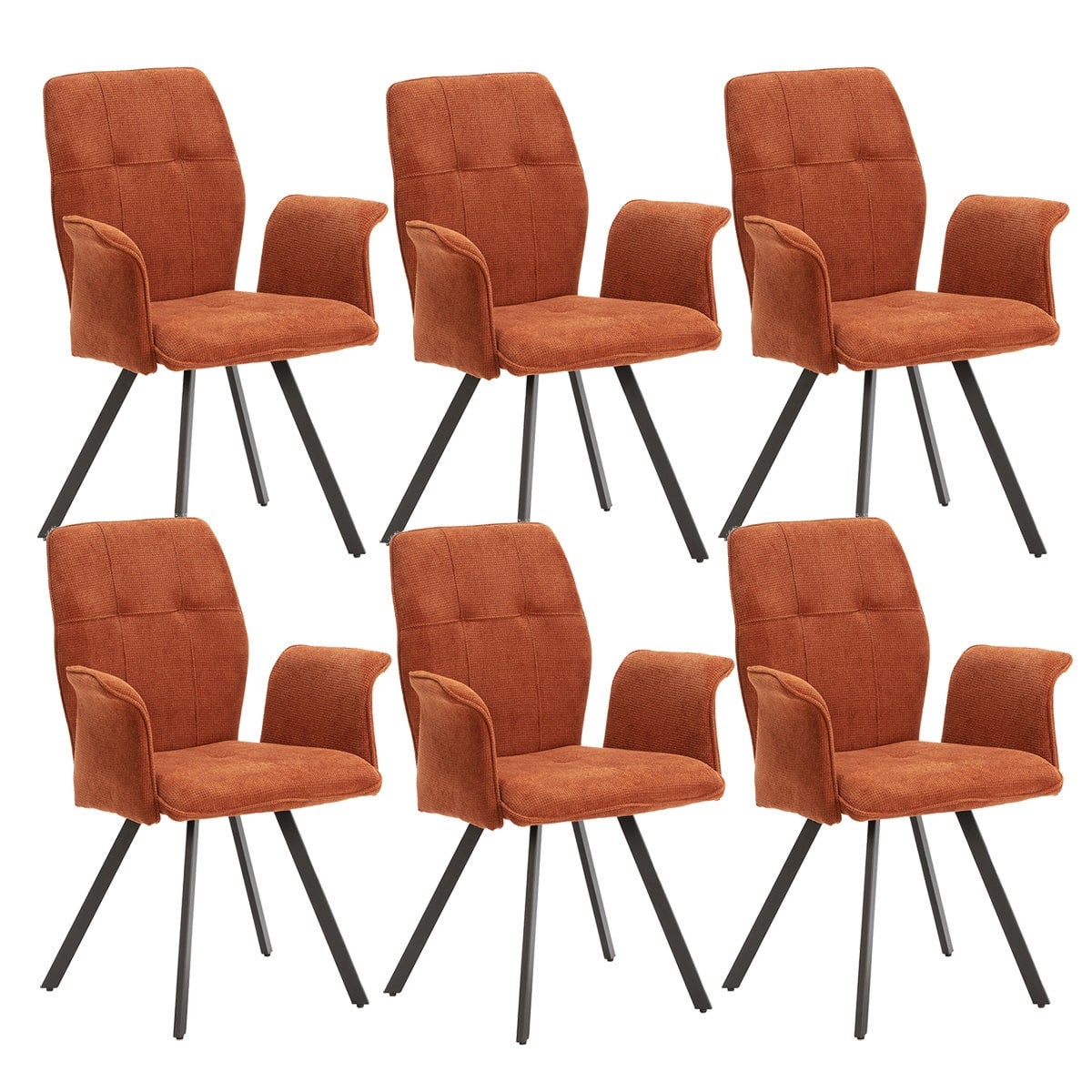 SELMA Lot de 6 Fauteuils Tissu Marron Effet Tricoté Pieds Métal Noir