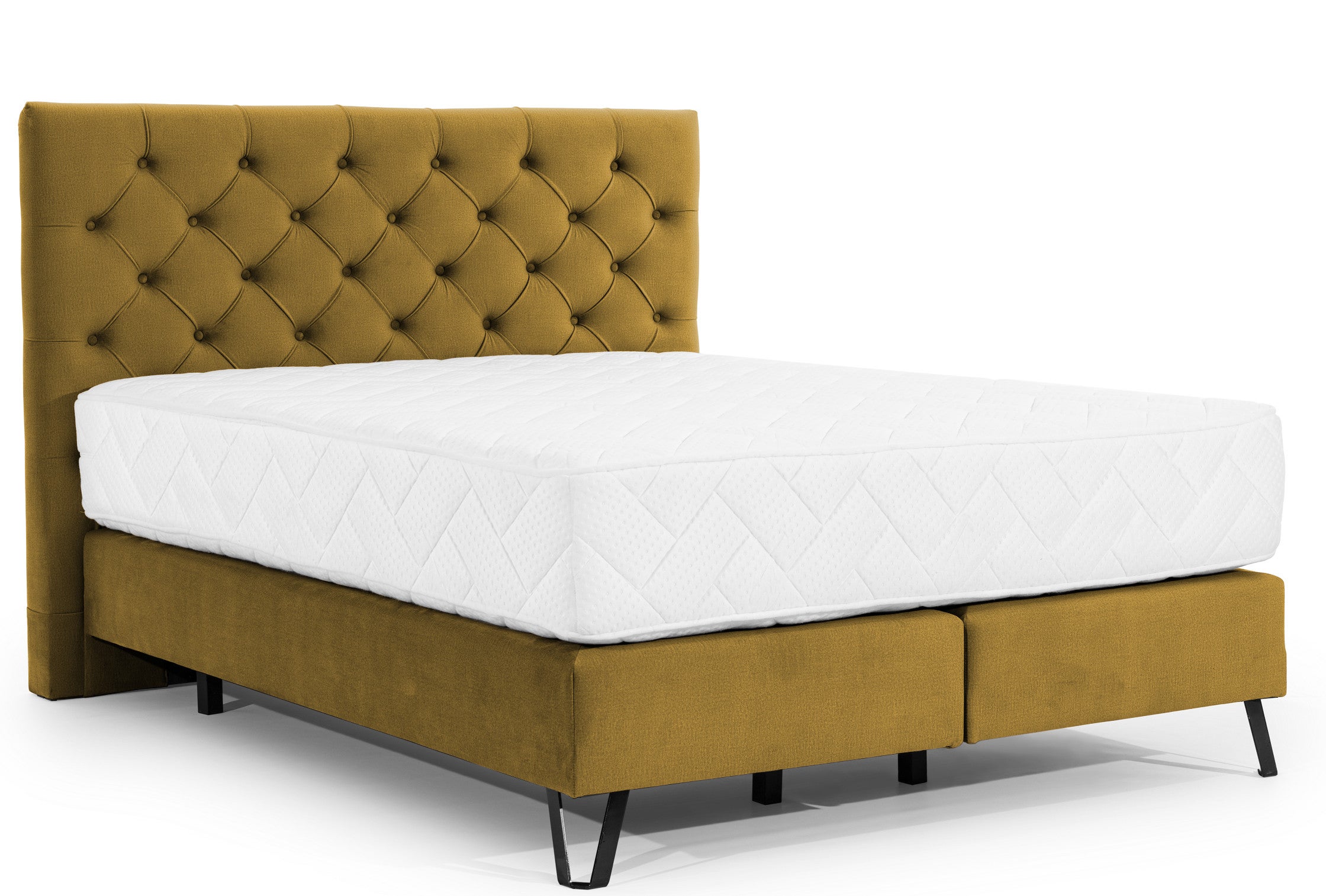 Lit Continental Capitonn Tissu Jaune Moutarde Pozza Avec Matelas Cm