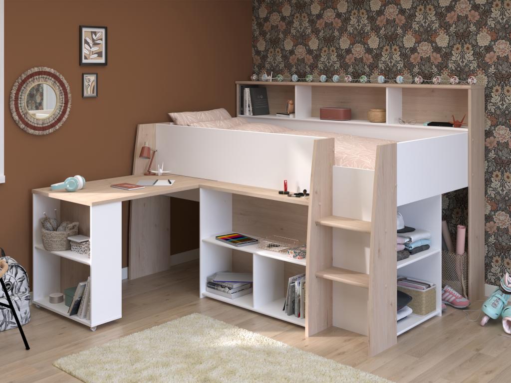 Lit Combin X Cm Avec Bureau Et Rangements Blanc Et Naturel