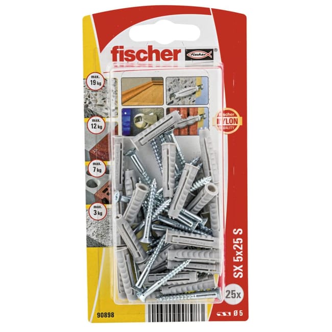 25 chevilles a expansion sx 5x25mm avec 25 vis bois 3 5x30 fischer leroy merlin