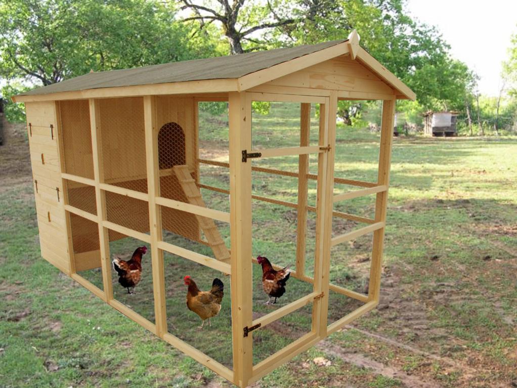 Poulailler bois naturel, 175x348x204 cm