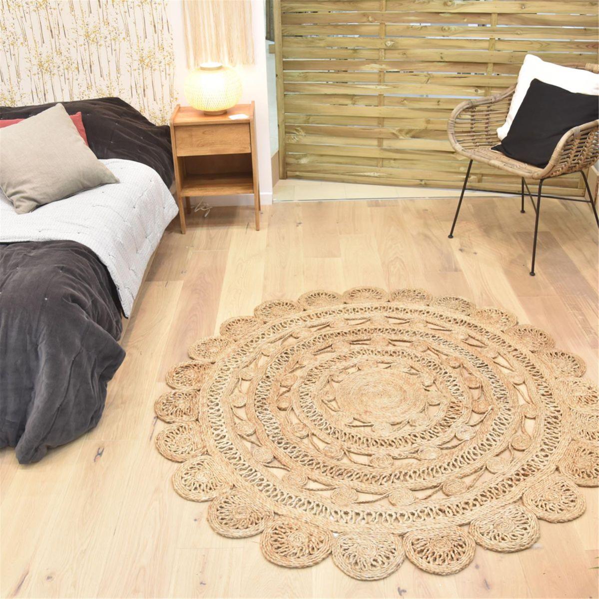  Tapis  Rond Fleur Bois Clair  Jute  Diam tre 150 Cm 