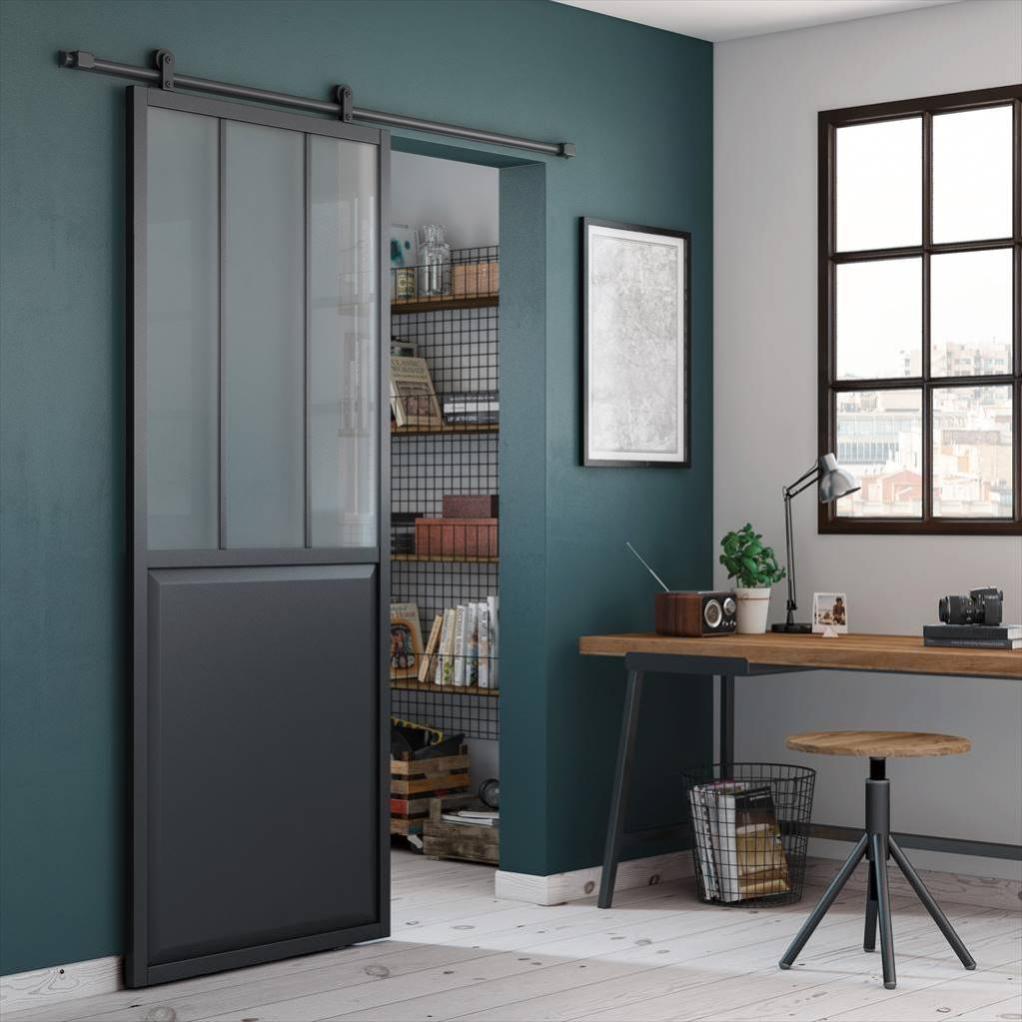 Porte Coulissante Atelier Gris Verre Givre H 204 X L 73 Cm Artens Leroy Merlin