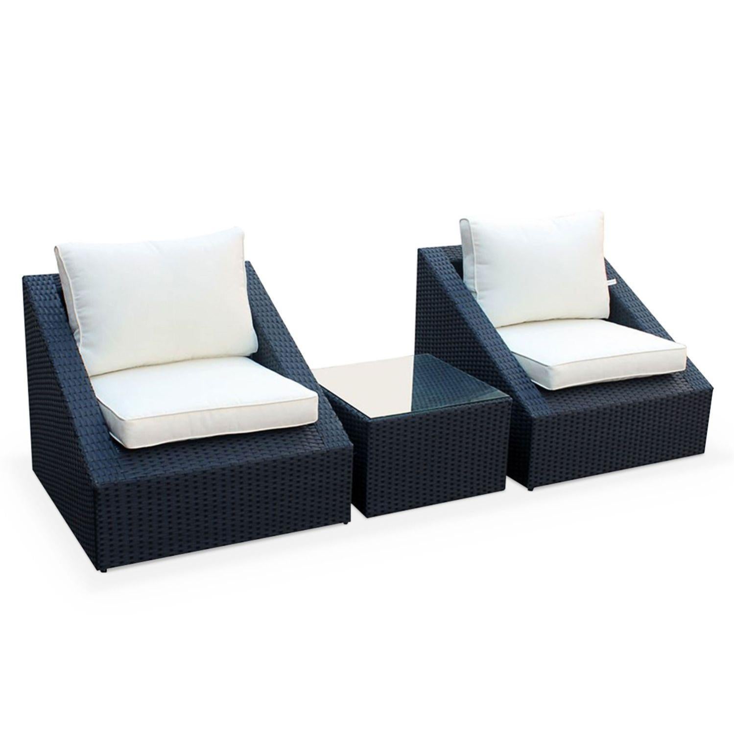 Salon De Jardin 2 Places Triangolo Resine Tressee Noire Coussins Ecrus Fauteuils 1 Table Basse Empilables Leroy Merlin