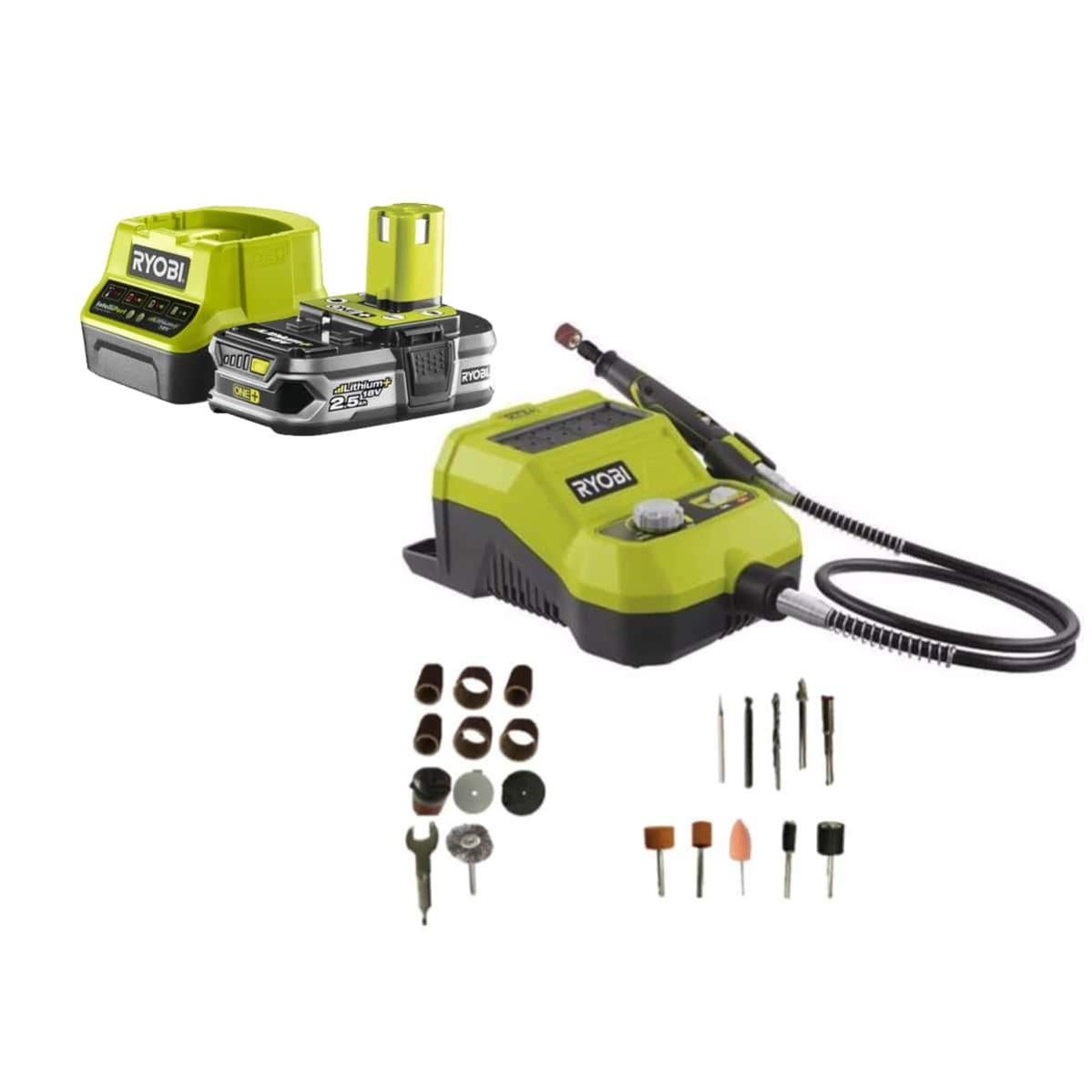 Pack Ryobi Mini Outil Multifonction 18v 33 Accessoires R18rt 0 1 Batterie 2 5ah 1 Chargeur Rapide Rc18120 125 Leroy Merlin
