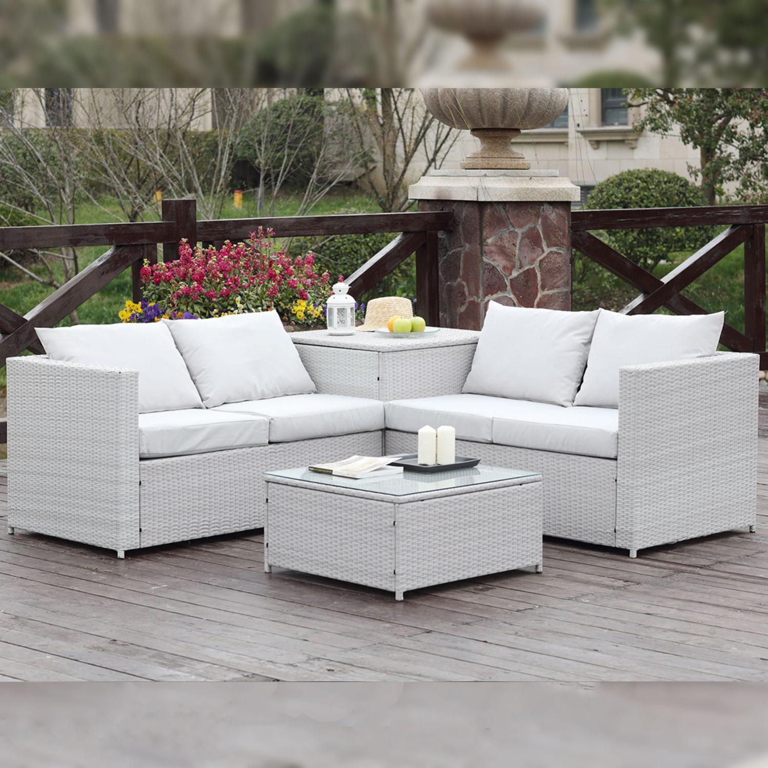Silang Gris Clair Salon De Jardin En Resine Tressee 4 Personnes Avec Coffre Integre Leroy Merlin