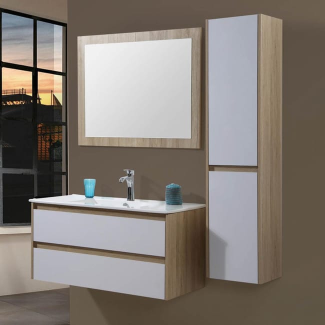 Hivoa Blanc Bois Ensemble De Salle De Bain 1 Meuble Sous Vasque 1 Vasque 1 Meuble Colonne 1 Miroir Leroy Merlin