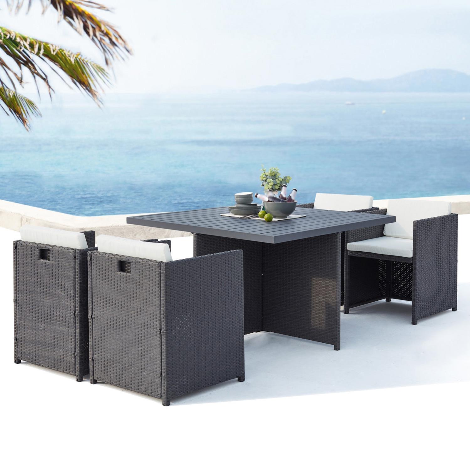 Sunset 4 Salon De Jardin Encastrable 4 Places En Resine Tressee Et Aluminium Gris Blanc Leroy Merlin