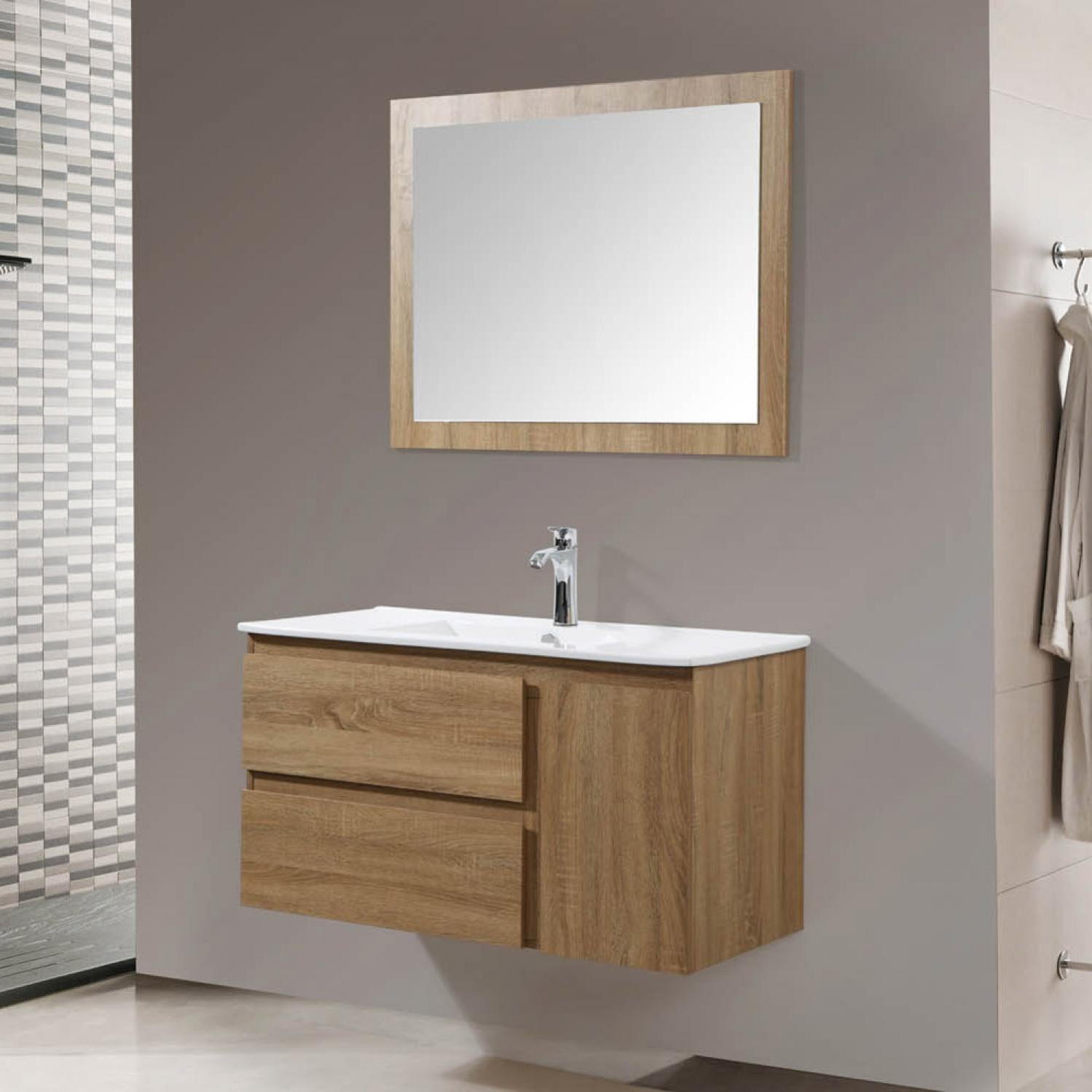 Tahia Couleur Bois Ensemble De Salle De Bain 1 Meuble Sous Vasque 1 Vasque 1 Miroir Leroy Merlin