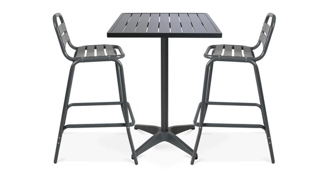 Table De Jardin Grise Mange Debout Et Deux Tabourets Hauts Leroy