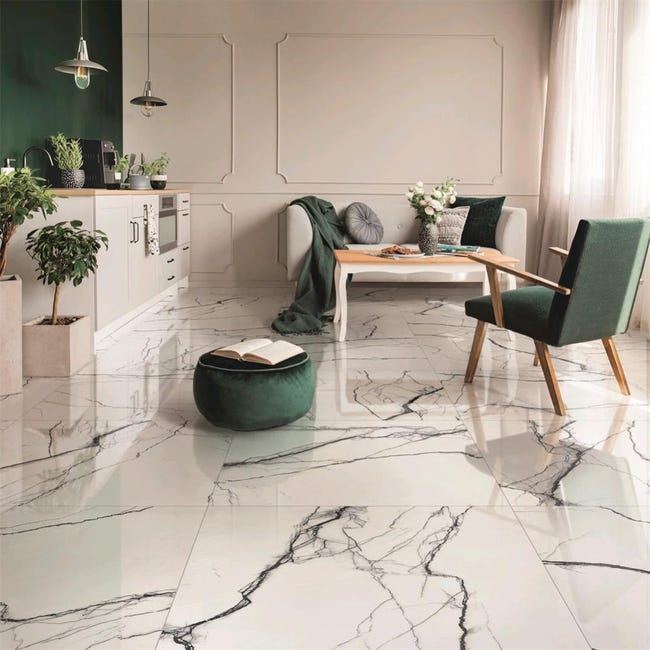 carrelage sol mur intenso effet marbre blanc veines noires rimini l 80 x l 80 cm leroy merlin