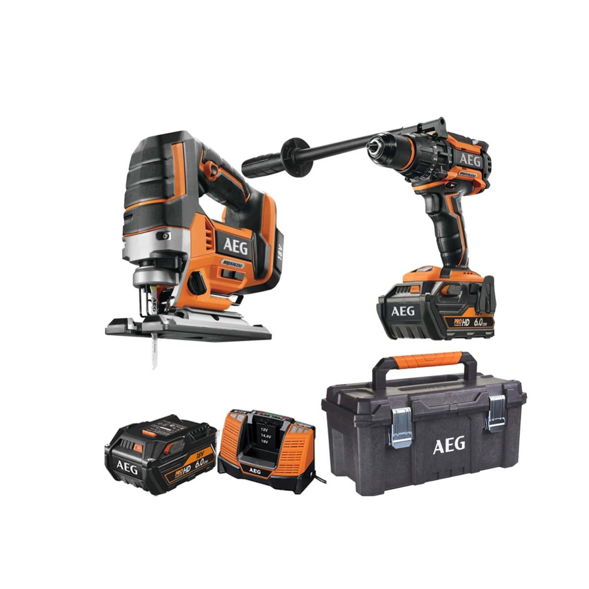 Pack Aeg Perceuse Percussion Brushless 18v Bsb18bl 602c Scie Sauteuse 18v Brushless Bst18blx 0 Caisse De Rangement 53 5x 28 8x 25 4cm Aeg21tb 2 Batteries 6 0ah 1 Chargeur Leroy Merlin