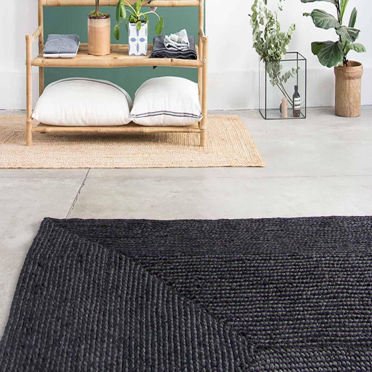  Tapis  De Couloir  En Jute  Naturel Teint  Charbon Tiss  Main 